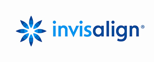 The image displays a logo with text that reads  Invisalign  above a stylized blue flower-like design, followed by the word  invisalign  below, set against a grey background.