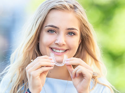 This is a photograph featuring a woman holding a toothbrush with toothpaste on her teeth, smiling at the camera.