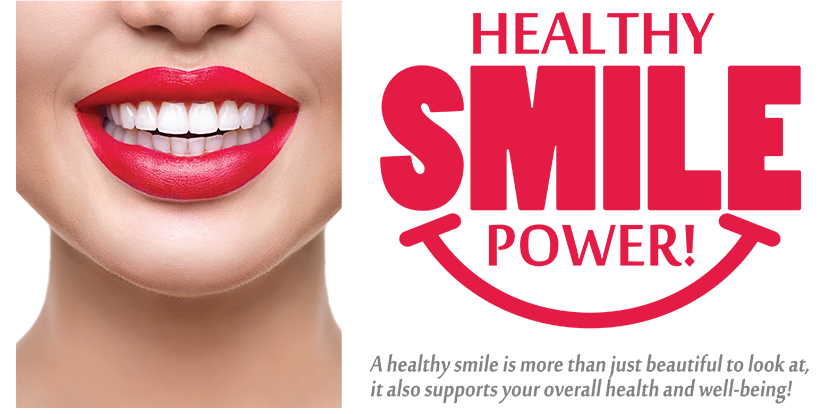 The image features a close-up of a person s face with red lipstick, against a white background  there is text overlaying the image that reads  HEALTHY SMILE POWER 